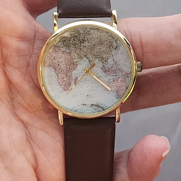 Accutime Watch Corp. Blue World Map Face Gold Tone Analog Stainless Back Watch - Picture 3 of 16